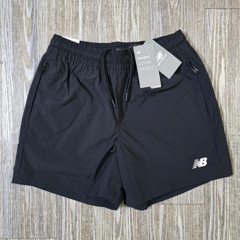 New Balance Black Athletics Men's Woven Shorts Black White Zipper Pockets Medium